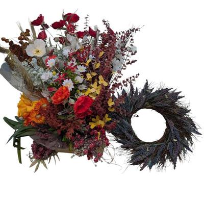 Lot #280 - Vibrant Faux Floral Arrangements with Dried Wreath