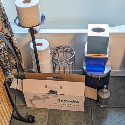 Lot #198 - Bathroom Essentials Lot - Samodra Bidet, Toilet Roll Holders, Tissue Box Covers & Trash Can