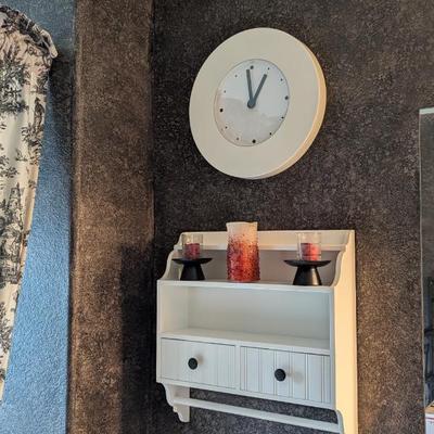Lot #195 - Bathroom Decor Lot - Wall Clock and Shelf Unit Plus Battery Candles