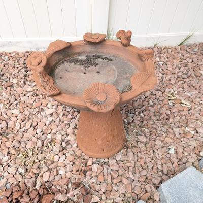 Lot #305 - Terracotta Bird Bath with Floral Design and Bird Figurines