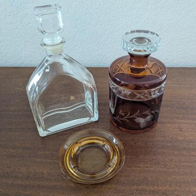 Lot #88 - Vintage Glass Decanters Including Amber Etched Glass, and Ashtray Lot