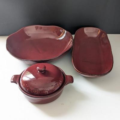 Lot #36 - Tastefully Simple Cranberry Red Serving Platters and Lidded Crock