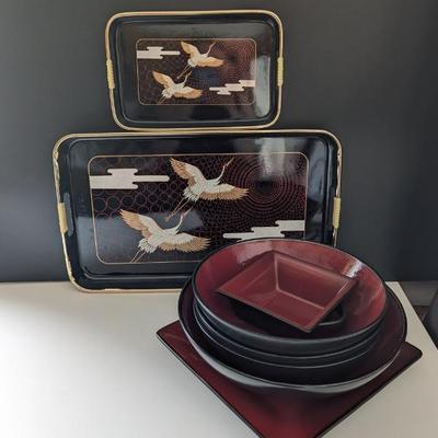 Lot #38 - Vintage Japanese Lacquer Ware Serving Trays Plus Tastefully Simple (& Others) Platters and Bowls