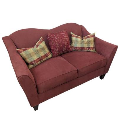 Lot #119 - Bauhaus Red Suede Loveseat with Throw Pillows