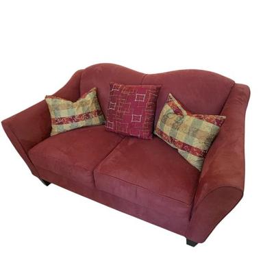 Lot #121 - Bauhaus Red Suede Loveseat with Throw Pillows
