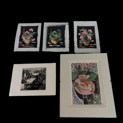 Lot #331 - Set of Small Floral Oil on Canvas, Black and White Woodblock Print, and Colorful Fish Print