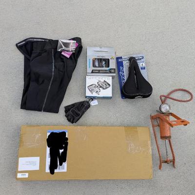 Lot #315 - Women's NEW Performance Cycling Pants, Gloves, Forte & SPD Pedals, Bike Seat, Bike Post and Older Tire Pump