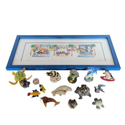 Lot #332 - Colorful Assortment of Sea Creature Figurines and Framed Artwork