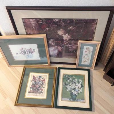 Lot #67 - Framed Wall Art Collection - Floral Prints and Artwork.