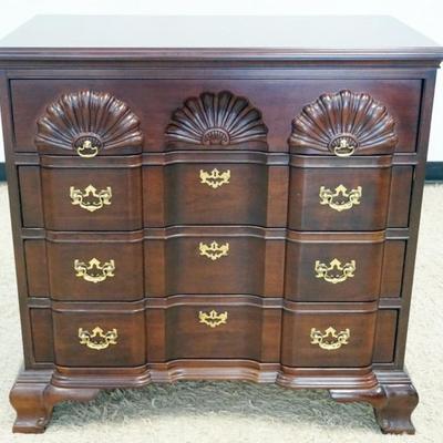 1174	VINTAGE MAHOGANY LINEAGE SHELL CARVED 4 DRAWER BLOCK FRONT CHEST, APPROXIMATELY 36 IN X 20 IN X 35 IN H
