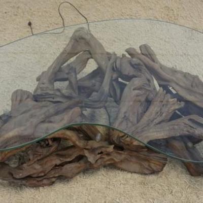 1276	UNUSUAL ADIRONDACK BOOMERANG GLASS TOP COCKTAIL COFFEE TABLE WITH LIGHTING, NEEDS TO BE REWIRED, APPROXIMATELY 54 IN X 36 IN X 17 IN H
