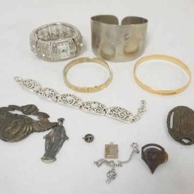 1169	4 LADIES DESIGNER BRACELETS, SOPHIA WATCH AND VINTAGE RELIGIOUS PINS
