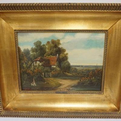 1149	OIL PAINTING ON CANVAS, JAMES VICKERS, IMAGE OF COTTAGE IN FOREST, APPROXIMATELY 31 IN X 25 IN OVERALL, HOLE IN LOWER LEFT
