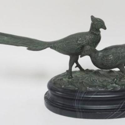 1148	CONTEMPORARY BRONZE FINISHED METAL CAST OF PHEASANTS, APPROXIMATELY 5 IN X 23 IN X 9 IN H
