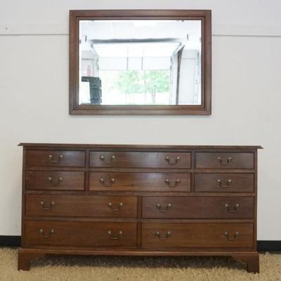 1197	STICKLEY SOLID CHERRY 10 DRAWER LOW CHEST ON BRACKET FEET HAVING BEVELED EDGE MIRROR, CHEST APPROXIMATELY 66 IN X 21 IN X 35 IN H,...