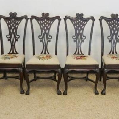 1244	SET OF 6 MAHOGANY CHIPPENDALE STYLE BALL & CLAW FOOT CHAIRS WITH NEEDLE POINT SEATS, 1 ARM 5 SIDE, SOME WEAR AND STAINING
