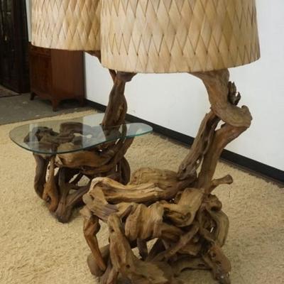 1277	UNUSUAL PAIR OF ADIRONDACK RUSTIC WOOD FLOOR LAMP TABLES, 1 GLASS MISSING, APPROXIMATELY 28 IN X 34 IN D X 57 IN H
