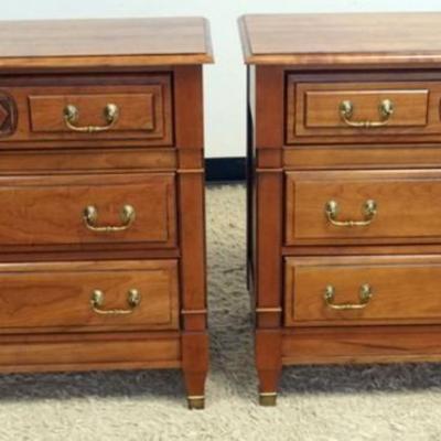 1222	PAIR OF HARDEN SOLID CHERRY 3 DRAWER BEDSIDE CHESTS, EACH APPROXIMATELY 33 IN X 19 IN X 32 IN H, VERY CLEAN
