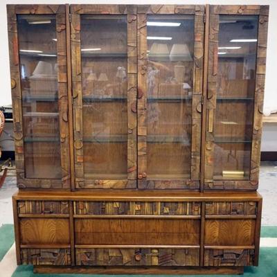 1267	MID CENTURY MODERN LANE STACCATO 2 PIECE BREAKFRONT WITH INTERIOR LIGHTS AND GLASS SHELVES, APPROXIMATELY 66 IN X 18 IN X 73 IN H
