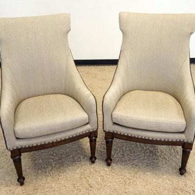 1200	PAIR OF TRENDEX FURNITURE COMPANY BARREL BACK UPHOLSTERED OCCASIONAL CHAIRS WITH BRASS TACK ACCENTS, EACH APPROXIMATELY 26 IN X 23...