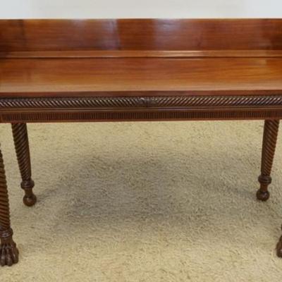 1208	ANTIQUE MAHOGANY EMPIRE SERVER TABLE WITH SCROLLED SPASH TWIST TURNED TAPERED LEGS ON PAW FEET, APPROXIMATELY 66 IN X 24 IN X 44 IN H
