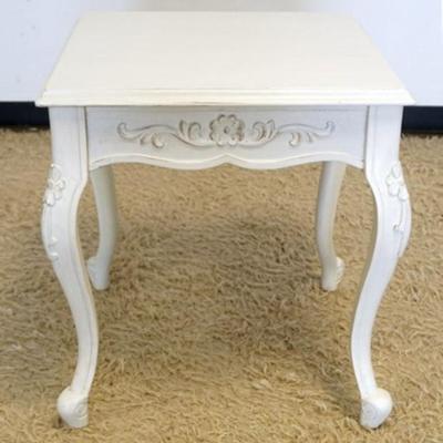 1216	CONTEMPORARY LAMP TABLE WITH APPLIED CARVED SHIRT, DISTRESS PAINT FINISH, APPROXIMATELY 24 IN X 27 IN H
