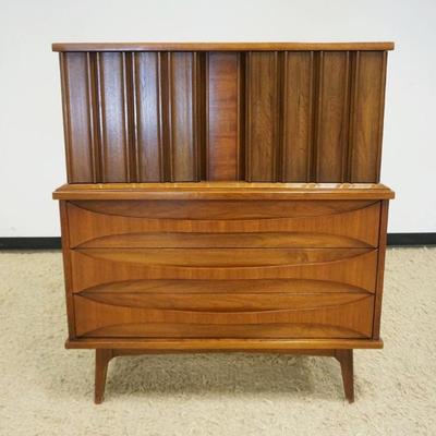 1273	UNITED FURNITURE COMPANY MID CENTURY MODERN HIGH CHEST WITH UNUSUAL BENTWOOD DRAWER PULL, 2 DOORS CONCEALING 4 DRAWERS OVER 3...