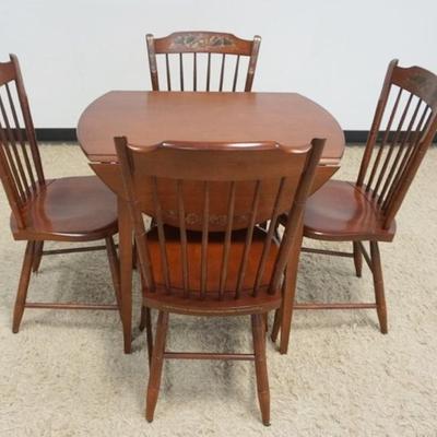 1228	L. HITCHCOCK DROP LEAF BUTLERS TABLE WITH 4 PLANK BOTTOM STENCILED CHAIRS, VERY CLEAN, TABLE APPROXIMATELY 34 IN X 26 IN X 30 IN H,...