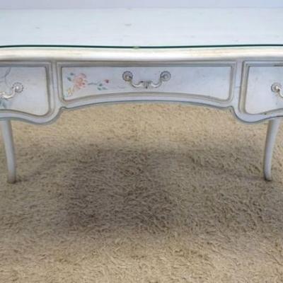 1192	ETHAN ALLEN 3 DRAWER FLORAL DECORATED WRITING TABLE WITH GLASS TOP, APPROXIMATELY 51 IN X 27 IN X 31 IN H
