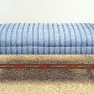 1227	ETHAN ALLEN UPHOLSTERED SCROLLED ARM WINDOW BENCH, LIGHT BLUE PATTERN WITH STRIPES, APPROXIMATELY 51 IN X 18 IN X 28 IN H
