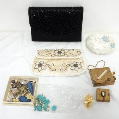 1173	LADIES JEWELRY ASSORTMENT, SOME STERLING, RAZORS, TAPE MEASURES, HAIR CLIPS, LADIES BEADED EVENING BAGS, COMPACT AND PILL CASE WITH...