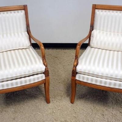 1220	PAIR OF ETHAN ALLEN HOME INTERIORS SWAN NECK CARVED UPHOLSTERED ARM CHAIRS, EACH APPROXIMATELY 24 IN X 26 IN X 37 IN H
