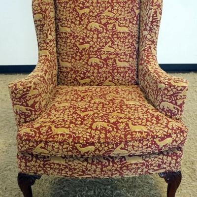 1215	PEARSON UPHOLATERED ARM CHAIR, DEER PRINT AND CARVED BALL AND CLAW FEET, APPROXIMATELY 34 IN X 31 IN X 44 IN H
