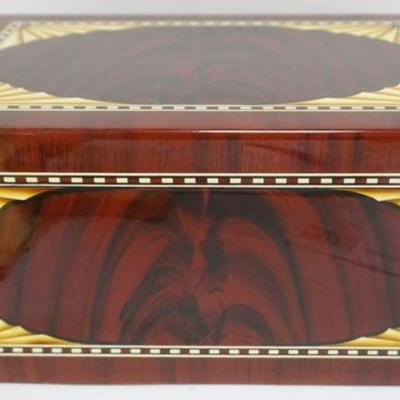 1144	CIGAR HUMIDOR WITH BANDING AND FAN CORNERS, APPROXIMATELY 15 IN X 10 IN X 8 IN H
