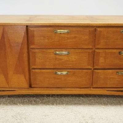 1274	MID CENTURY MODERN 6 DRAWER, 1 DOOR CHEST WITH DIAMOND VENEER INLAID DOOR, APPROXIMATELY 68 IN X 20 IN X 32 IN H. SOME VENEER LOSS...