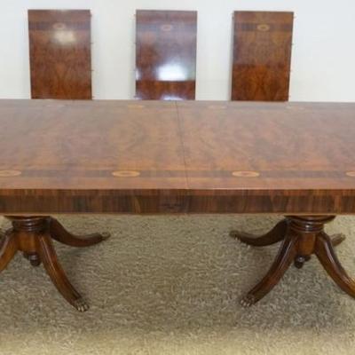 1209	OUTSTANDING BURLED MAHOGANY BANDED AND INLAID DOUBLE PEDESTAL TABLE BY ARMUNDO COLLECTION ITALY, WITH 3 LEAVES, TABLE APPROXIMATELY...