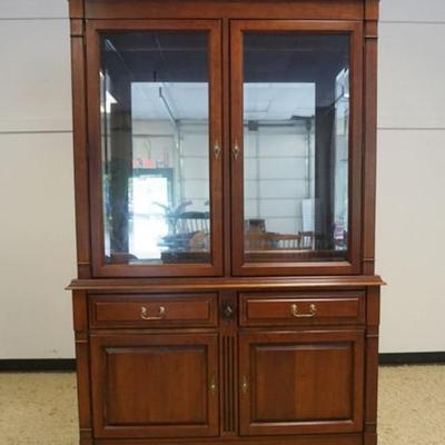 1231	HARDEN SOLID CHERRY 2 PIECE CHINA CABINET WITH MIRROR BACK, BEVELED GLASS DOORS AND INTERIOR LIGHTS, APPROXIMATELY 52 IN X 18 IN X...