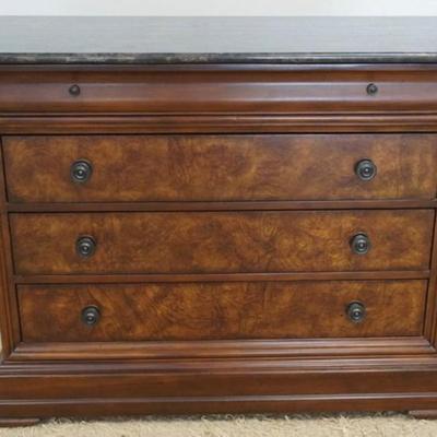 1178	ETHAN ALLEN 4 DRAWER MARBLE TOP CHEST, 3 DRAWERS HAVING BURL WOOD FRONTS, APPROXIMATELY 43 IN X 19 IN X 34 IN H

