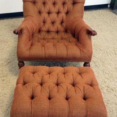 1201	STICKLEY UPHOLSTERED TUFTED ARM CHAIR WITH OTTOMAN, CHAIR APPROXIMATELY 33 IN X 36 IN X 37 IN, OTTOMAN 26 IN X 19 IN X 15 IN
