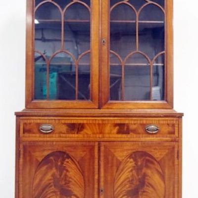 1249	PETITE MEDALLION INLAID MAHOGANY SHERATON STYLE CHINA CABINET, APPROXIMATELY 17 IN X 37 IN X 80 IN HIGH

