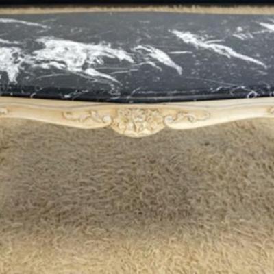 1186	FRENCH PROVINCIAL MARBLE TOP COFFEE TABLE WITH DISTRESSED PAINT FINISH, APPROXIMATELY 42 IN X 22 IN X 19 IN H
