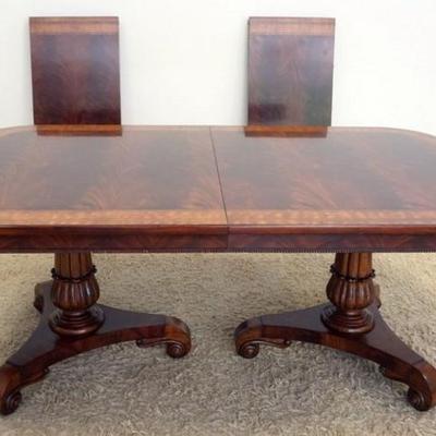 1190	OUTSTANDING DOUBLE PEDESTAL FLAMED MAHOGANY BANDED TOP DINING TABLE WITH 2 LEAVES, TABLE APPROXIMATELY 80 IN X 46 IN X 31 IN H, EACH...
