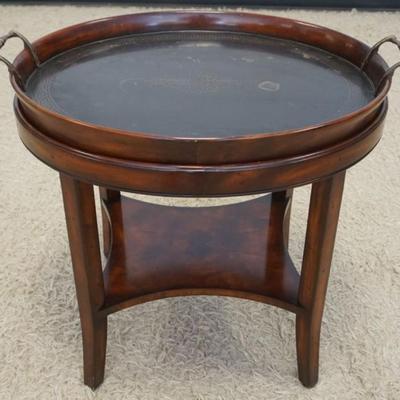 1182	MAHOGANY OVAL TRAY TABLE WITH GREEK KEY BRASS LINED TRAY TOP BURL WOOD UNDERNEATH, APPROXIMATELY 28 IN X 22 IN X 24 IN H
