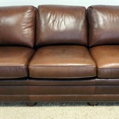 1230	HANCOCK & MOORE BROWN LEATHER SOFA WITH BRASS TACKING ACCENTS, APPROXIMATELY 86 IN X 46 IN X 36 IN H
