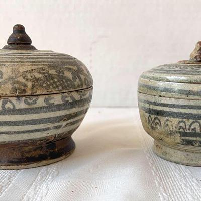 2 Antique Asian Round Pottery Boxes