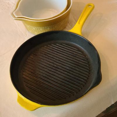 Vintage Pyrex & Yellow Cast Iron Pan