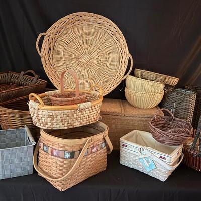 Lot 401: Large Lot of Assorted Woven Baskets – Decorative, Storage & Utility