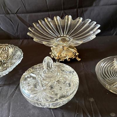 Lot 415: Vintage Pressed & Cut Glass Serving Dish Lot – Footed Bowls, Covered Candy Dish & Divided D