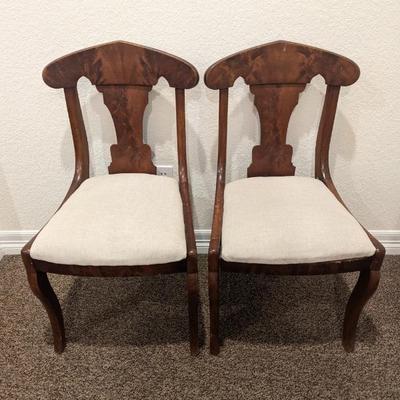 Lot #203 - Antique Queen Anne Style Walnut Burl Wood Chairs Pair