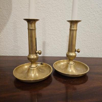 Lot #205 - Pair of Vintage Brass Candle Holders with White Candles
